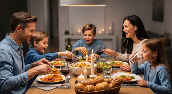 Family enjoying a delicious meal together at the dining table.