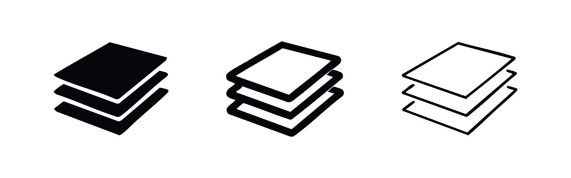 Stacked documents and files icon set. Layered paper symbols for digital organization and software interfaces.