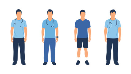 Fototapeta premium Diverse male character vector set: Medical professionals in scrubs and an athletic man. Healthcare & wellness concept.