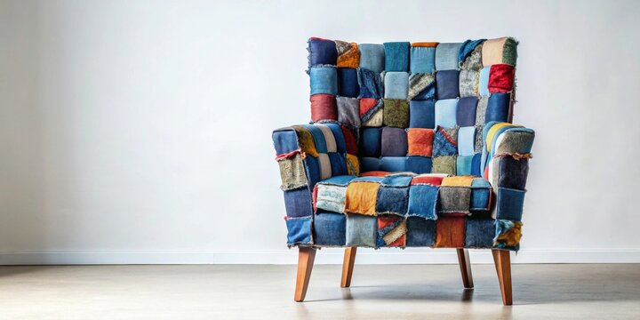 A vibrant patchwork armchair, crafted from assorted denim and fabric squares, stands elegantly against a minimalist backdrop.