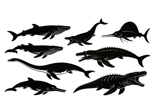 set of oceanic dinosaur silhouettes