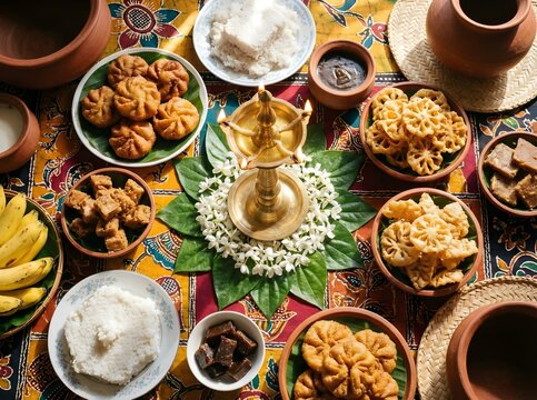 Traditional Sri Lankan Sinhala New Year Food Table PNG Avurudu Sweets Kevum Kokis Kiribath Oil Lamp
