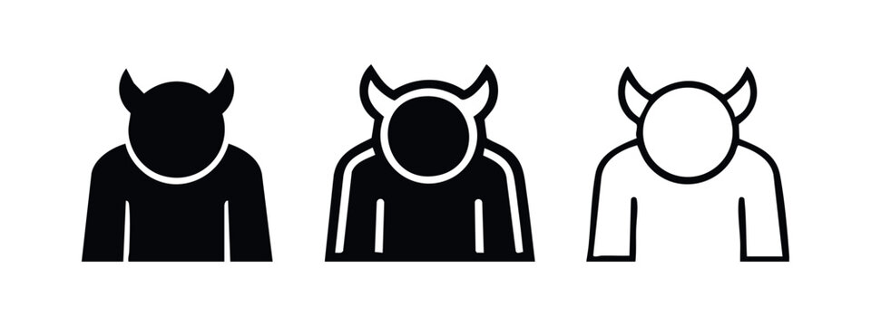 Devil person icon set. Vector human figure with horns symbol in solid, outlined, and thin line styles.