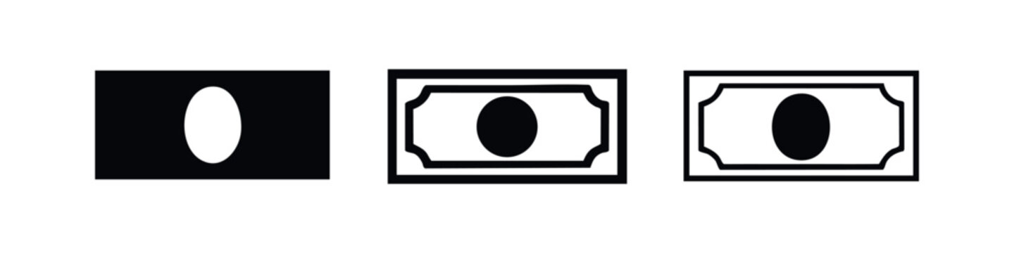Zero dollar bill banknote icons set. Money placeholder symbol collection in filled and outline styles. Financial currency design.