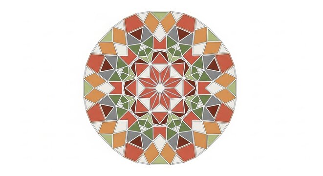 A circular arrangement of colorful polygons radiates from a central eight-pointed star. The design uses sharp lines and earthy tones to create balance. This image can be used for the concept of Unity.