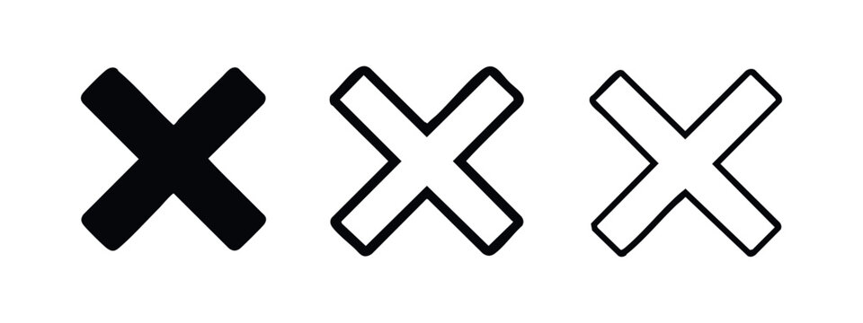 Cross or X Mark Icons Set. Error, Delete, Cancel, Incorrect Symbol Vector Illustration.