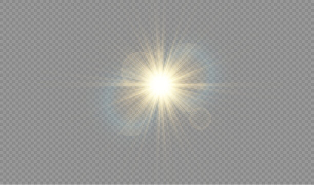 Bright golden lens flare effect on transparent background, realistic light source for electronics