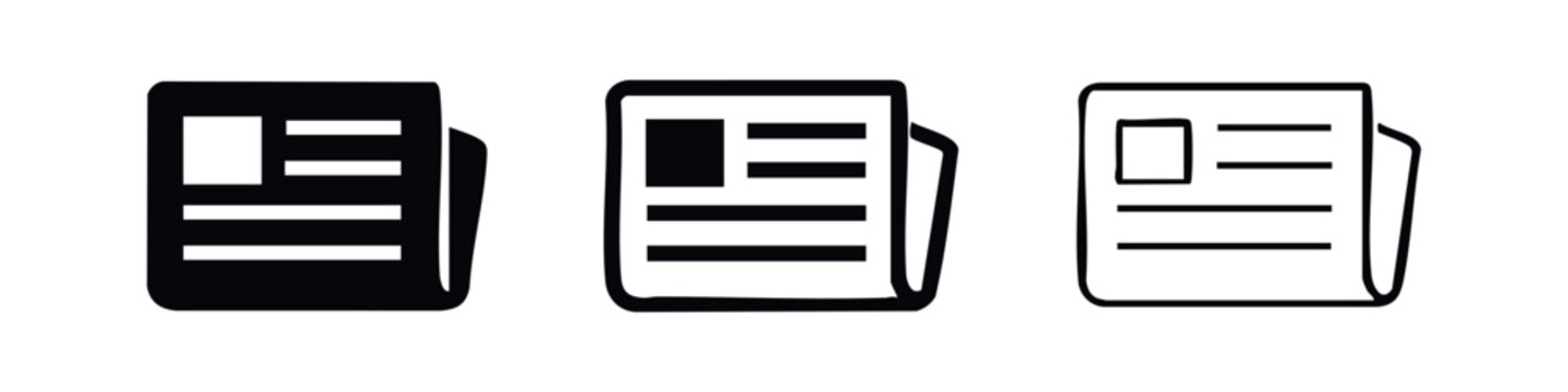News article and document icon set. Magazine or folded newspaper symbols in various styles for media.