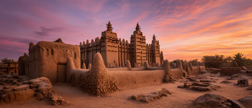 View of a large mud castle in Mali, Africa. Background illustration of a historical site in Mali.