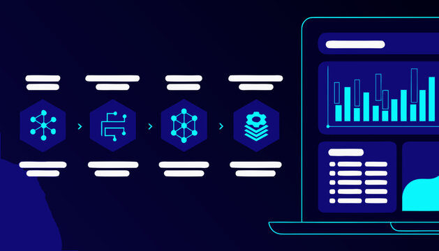 A vector graphic illustration of a futuristic data analysis dashboard on a laptop with a dark blue background and neon blue accents.
