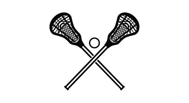 Two crossed lacrosse sticks with a small ball a black and white illustration