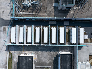 Aerial view of energy storage battery arrays in an industrial plant area