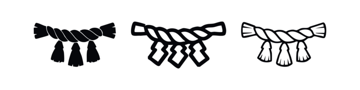 Japanese Shimenawa rope with Shide icon set. Shinto sacred symbol for shrines and purification.