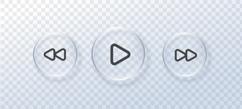 Glass liquid for music button play and black icon on transparent background. Effect frosted morph for badge crystal glass and sign card media. Glass square translucent for button highlight music.