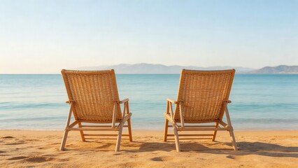 Fototapeta premium Two beach chairs on sandy shore