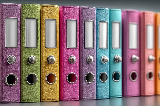 Row of colorful file folders with white paper labels on front, different shades green yellow pink purple blue orange, silver rings for office documents