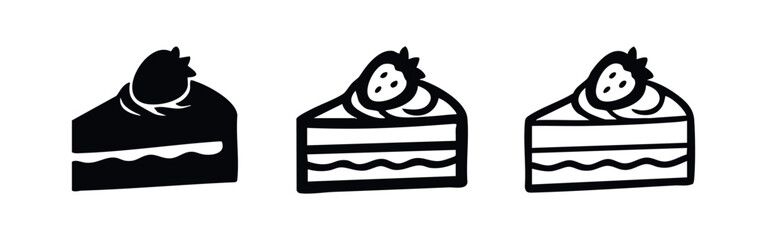Hand-drawn cake slice icon set with berry topping. Dessert, bakery, and sweet treat symbols. © liubomir118809
