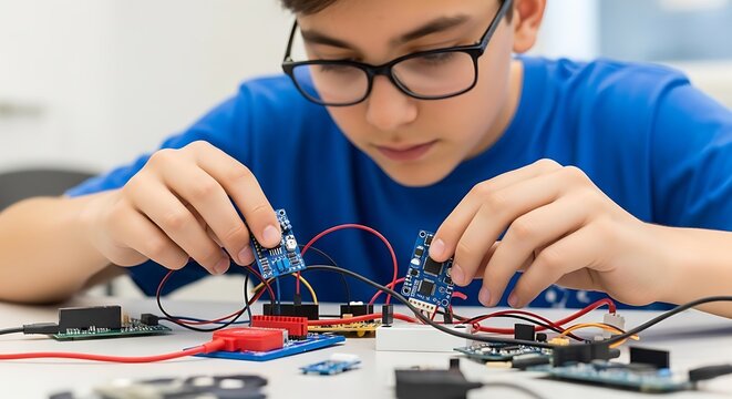 Young boy assembling blue and red electronic circuit components