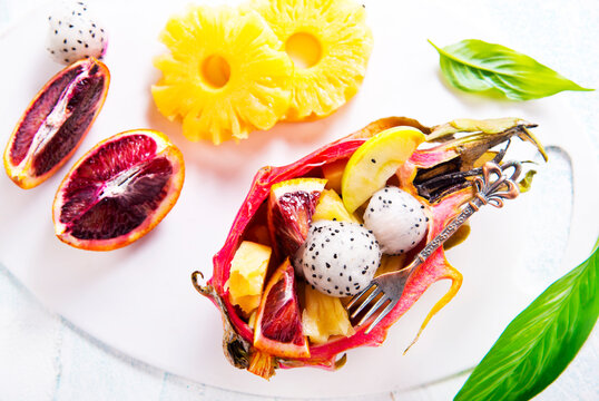 dragon fruit and other exotic fruits, fruit salad