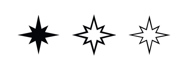 Obraz premium Eight-point starburst icon set in solid, thick outline, and thin outline styles, symbolizing explosion or sparkle.