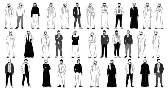 Diverse group of men in traditional Middle Eastern attire.