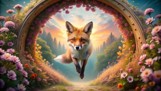 A Red Fox Leaps Through a Magical Floral Archway at Sunset, Enchanting Fantasy Scene of Nature's Beauty