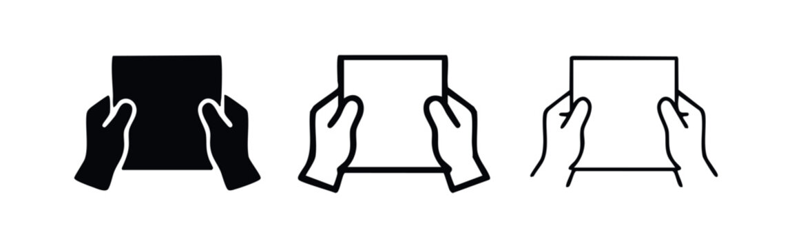 Hands holding document icon set. Important paper or note symbol. Information and data concept vector illustration.