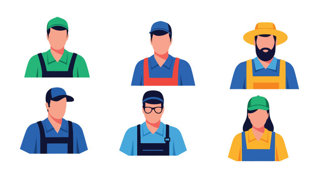 Flat design worker avatars set. Diverse manual labor professions including farmer, mechanic, technician, and general workers in uniform.