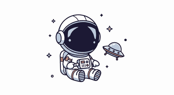 Cartoon Astronaut Sitting with Spaceship in Outer Space.