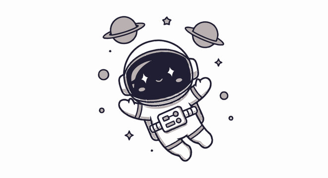 Cartoon Astronaut Floating in Space with Planets and Stars.