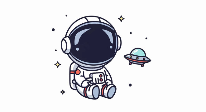 Cartoon Astronaut Sitting with UFO in Outer Space, Cosmic Illustration.