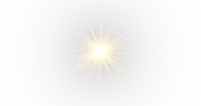 Brilliant white and golden optical starburst with glowing rays on white background, realistic sun flash effect