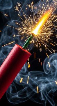 Red firecracker exploding with bright sparks and green fuse on dark smoky background