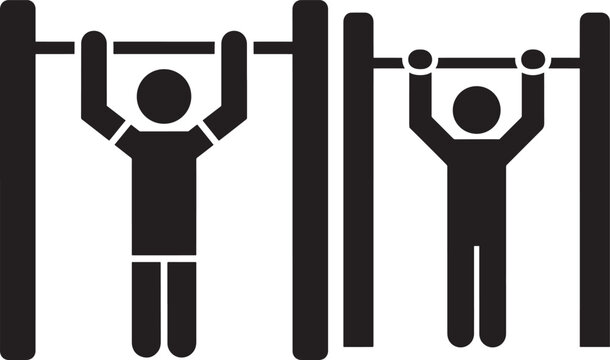 Two silhouette icons of people exercising on pull up bars, fitness and sport concept.