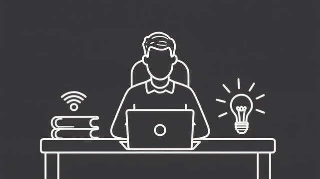 Student attending online class laptop desk education e learning remote study minimal outline animation clean style