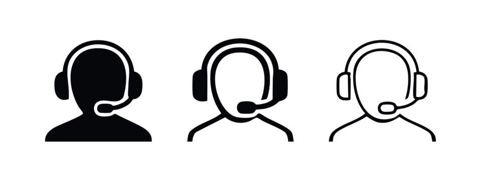 Customer support call center operator icon set. Headset wearing person for assistance, helpdesk, or online service.