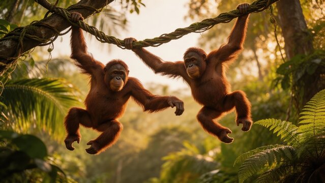 Two monkeys hanging from vine in jungle