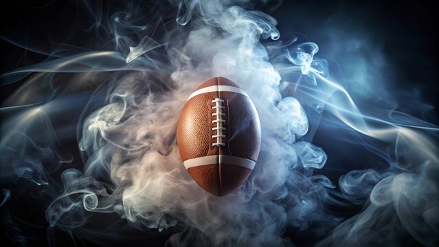 American football amidst swirling smoke, a dramatic visual of power and mystery