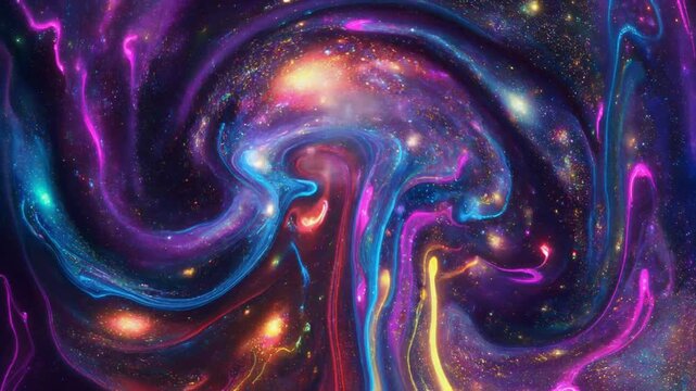Neon nebula dripping paint effect glowing galaxies psychedelic cosmic art abstract fluid motion vibrant background