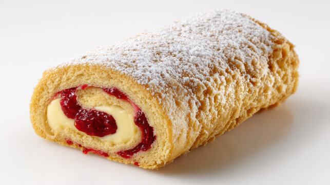 delicious jam roly-poly dessert with custard and berries