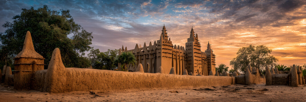 A view of a magnificent mud castle in Mali. A background illustration of a historical site in Mali.