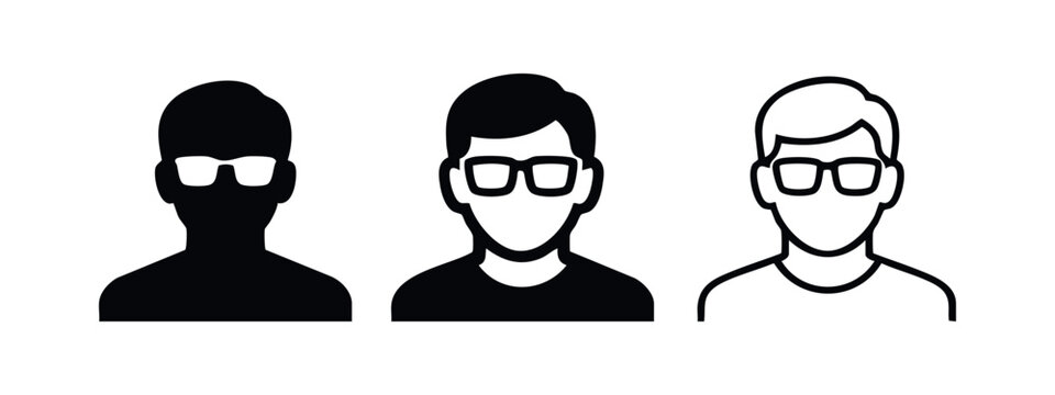 Male User Avatar with Glasses Icon Set. Profile Silhouette Vector for Account Login and User Interface. Person Symbol.