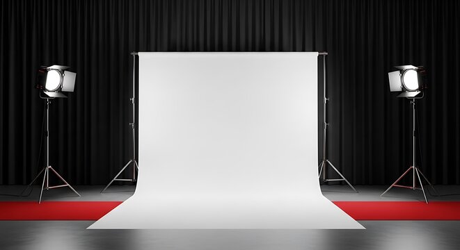 White sweep backdrop with red floor and studio lighting setup