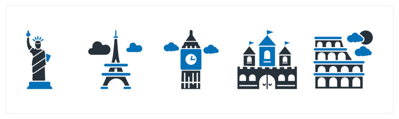 Naklejka premium A set of 5 mix icons as statue of liberty, eiffel tower, clock tower