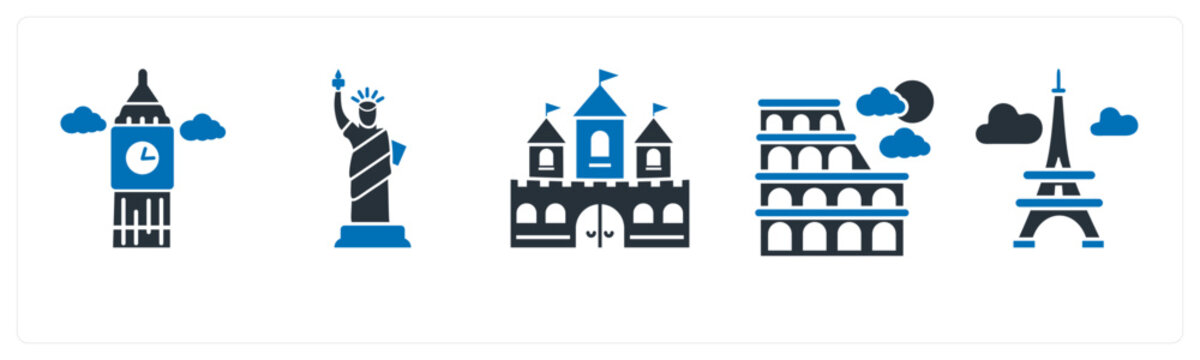 A set of 5 mix icons as clock tower, statue of liberty, fort