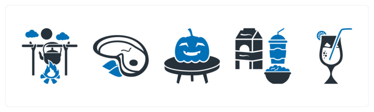 A set of 5 mix icons as barbecue, chicken slice, halloween pumpkin