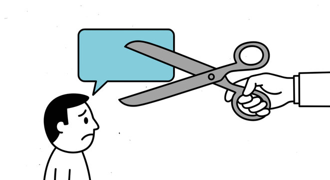 Man with speech bubble being cut by scissors symbolizing censorship silenced ideas or suppressed communication vector