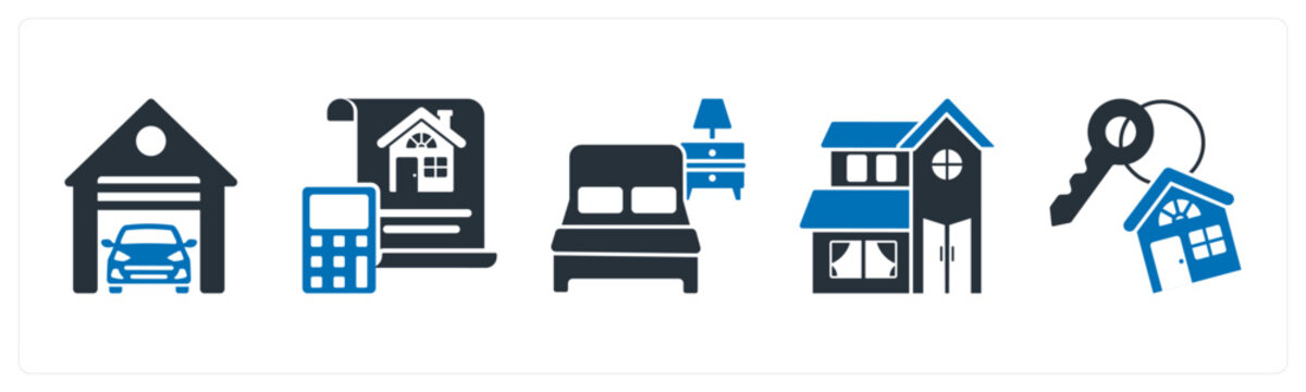 A set of 5 mix icons as garage, property budget, bed