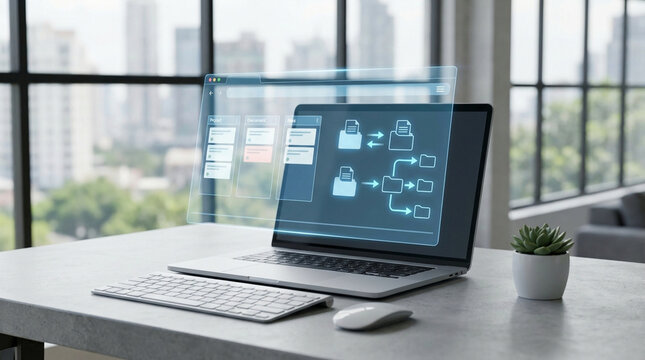 Laptop workstation cloud collaboration interface project management digital workflow office desk