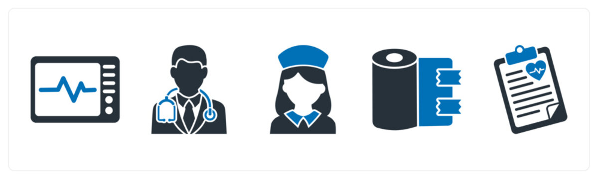 A set of 5 mix icons as ecg machine, male doctor, nurse